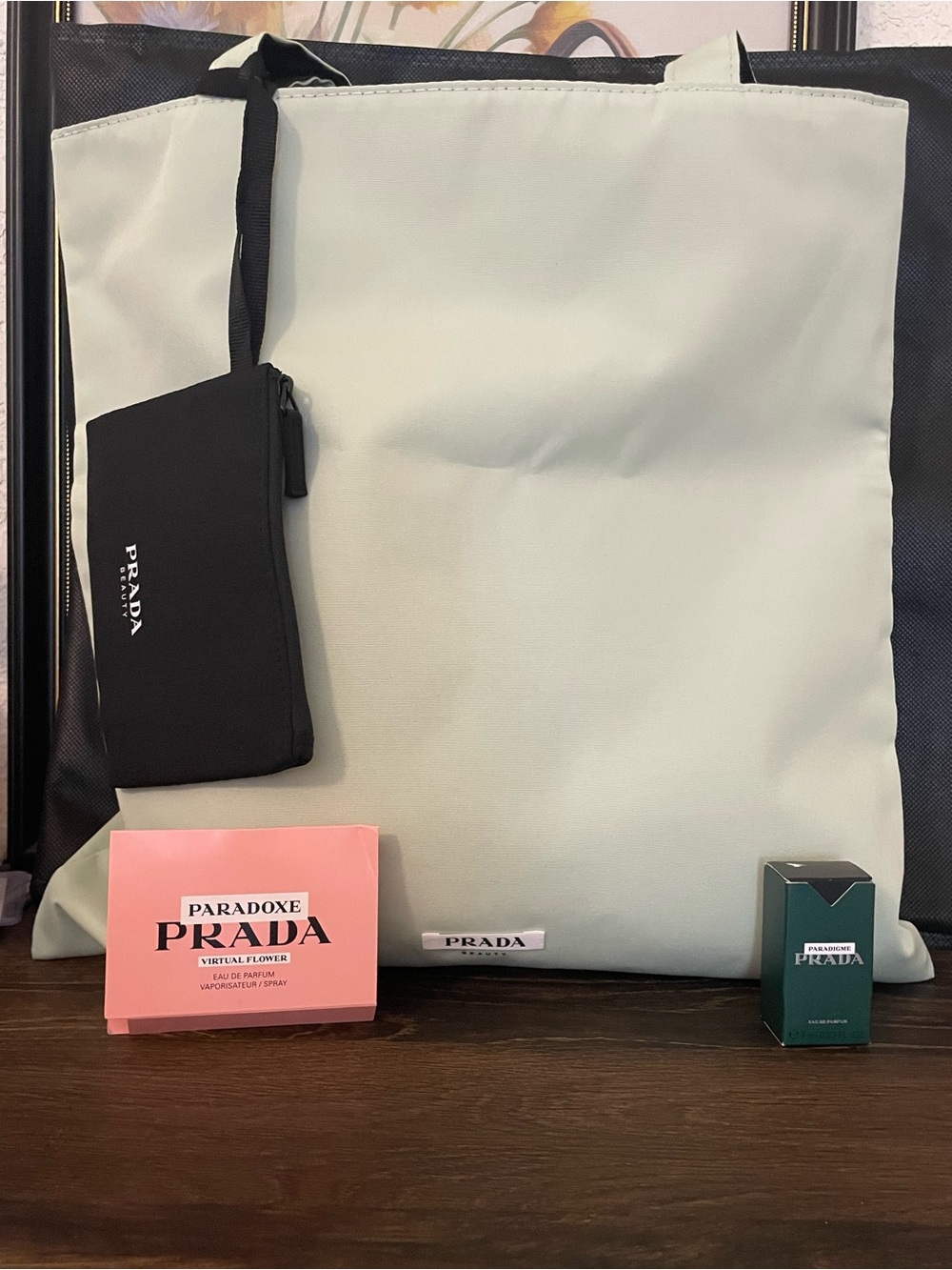 Prada Women’s Tote Black/Mint Reversible with Black Pouch NEW